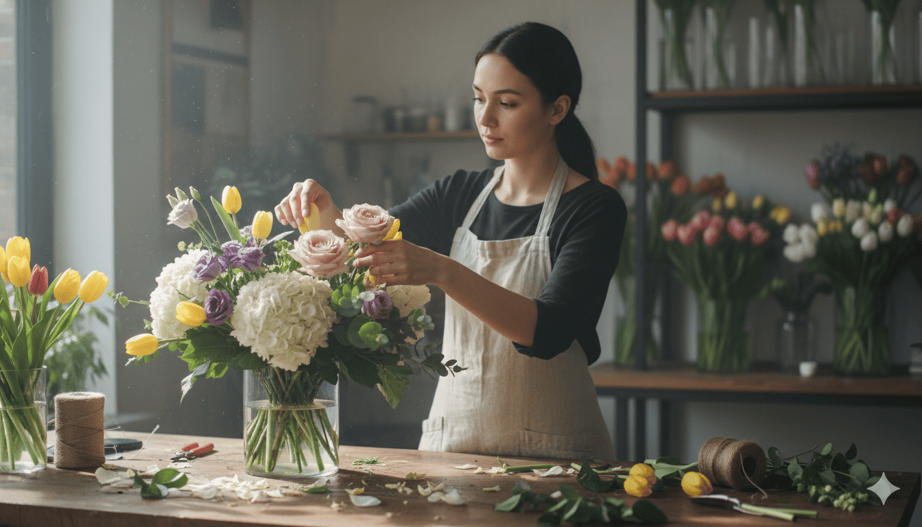 Florist working on arrangement